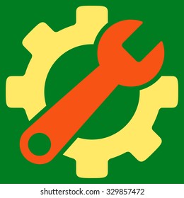 Service Tools vector icon. Style is bicolor flat symbol, orange and yellow colors, rounded angles, green background.