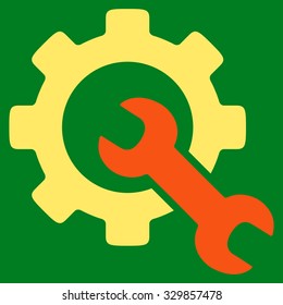 Service Tools vector icon. Style is bicolor flat symbol, orange and yellow colors, rounded angles, green background.