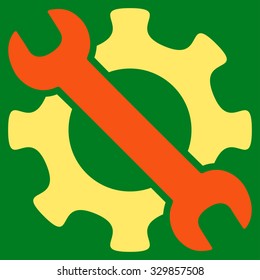 Service Tools vector icon. Style is bicolor flat symbol, orange and yellow colors, rounded angles, green background.