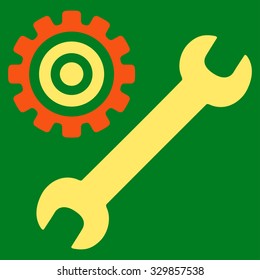 Service Tools vector icon. Style is bicolor flat symbol, orange and yellow colors, rounded angles, green background.