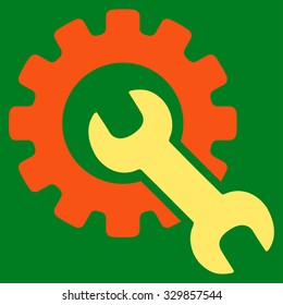 Service Tools vector icon. Style is bicolor flat symbol, orange and yellow colors, rounded angles, green background.