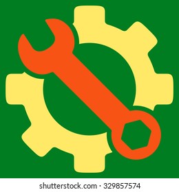 Service Tools vector icon. Style is bicolor flat symbol, orange and yellow colors, rounded angles, green background.