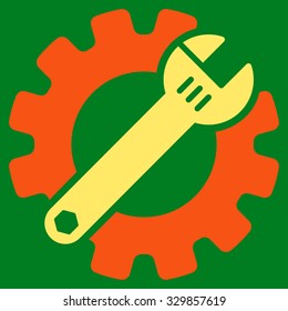 Service Tools vector icon. Style is bicolor flat symbol, orange and yellow colors, rounded angles, green background.