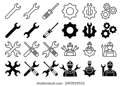 Service tools vector icons set. repair or maintenance settings sign.