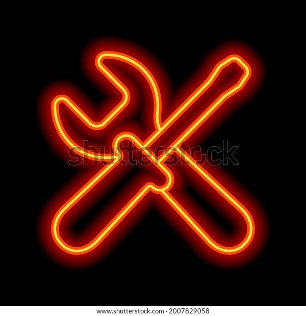 Service tools, wrench and screwdriver,\
repair instruments, simple icon. Orange neon style on black\
background. Light linear icon with editable\
stroke