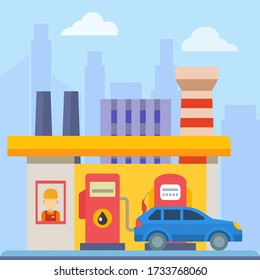 Service transport gas automobile station on energy industry machine flavoring gasoline cartoon illustration. Car gas fuel concept. Auto business technology priming building on flat city background.