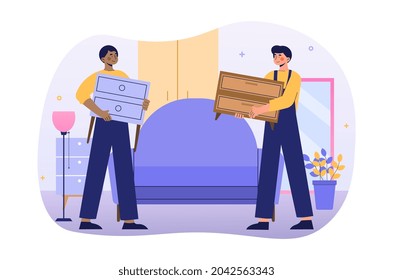 Service for transporting things concept. Male movers carry bedside tables and sofa. Delivery of furniture. Employees transport objects. Cartoon flat vector illustration isolated on white background