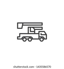 Service Truck Line Icon. Cherry Picker Linear Style Sign For Mobile Concept And Web Design. Bucket Truck Outline Vector Icon. Symbol, Logo Illustration. Vector Graphics