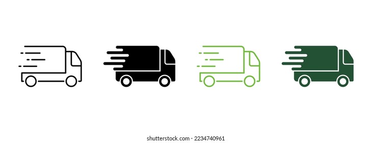 Service Truck Silhouette and Line Icon. Fast Van Shipping Order Pictogram. Express Free Delivery Service Car Courier Icon. Quick Vehicle Transport. Editable Stroke. Isolated Vector Illustration.