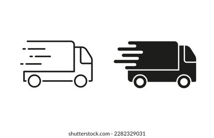 Service Truck Silhouette and Line Icon Set. Fast Van Shipping Order Pictogram. Express Free Delivery Service Car Courier Sign. Quick Vehicle Transport. Editable Stroke. Isolated Vector Illustration.