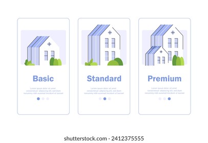Service upgrade concept,three options, basic subscription, standard account, premium plan, experience improvement, better offer
