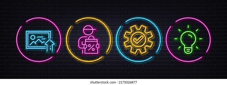 Service, Upload photo and Delivery discount minimal line icons. Neon laser 3d lights. Light bulb icons. For web, application, printing. Cogwheel gear, Image placeholder, Courier. Lamp energy. Vector