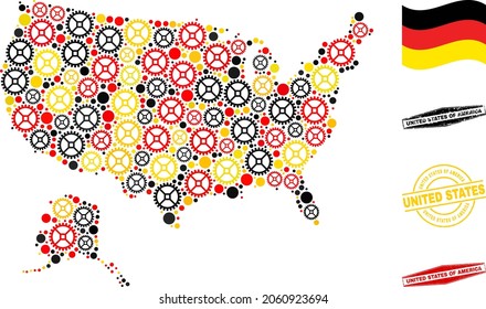 Service USA with Alaska map collage and seals. Vector collage composed with service items in variable sizes, and German flag official colors - red, yellow, black.