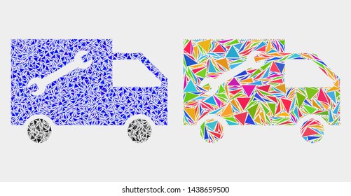 Service van mosaic icon of triangle elements which have variable sizes and shapes and colors. Geometric abstract vector illustration of service van.