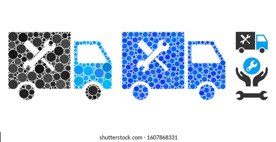 Service van mosaic of round dots in different sizes and color hues, based on service van icon. Vector dots are composed into blue mosaic. Dotted service van icon in usual and blue versions.