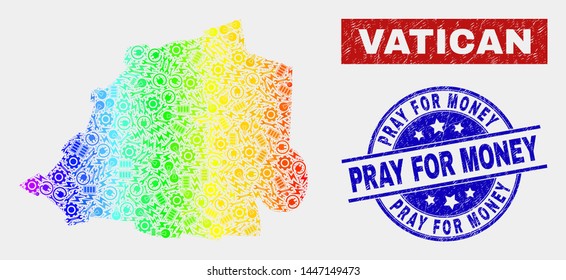 Service Vatican map and blue Pray for Money scratched seal stamp. Rainbow colored gradient vector Vatican map mosaic of equipment units. Blue rounded Pray for Money stamp.