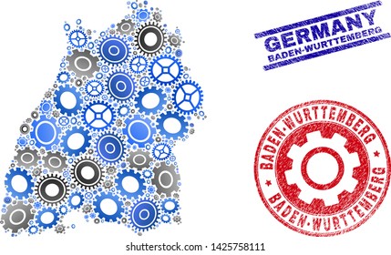 Service vector Baden-Wurttemberg Land map mosaic and seals. Abstract Baden-Wurttemberg Land map is done with gradiented scattered gearwheels. Engineering territorial plan in gray and blue colors,