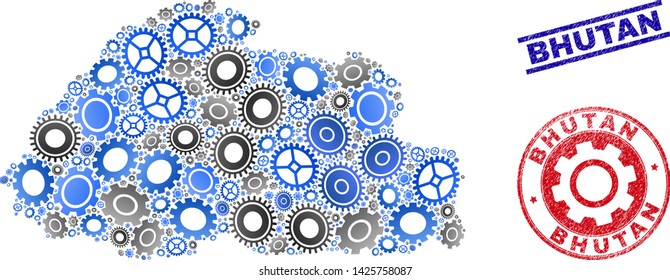 Service vector Bhutan map mosaic and seals. Abstract Bhutan map is formed of gradient randomized cogs. Engineering territory scheme in gray and blue colors, and blue and red rounded and lines seals,