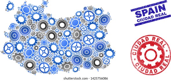 Service vector Ciudad Real Province map composition and seals. Abstract Ciudad Real Province map is composed of gradiented random cogs. Engineering geographic plan in gray and blue colors,