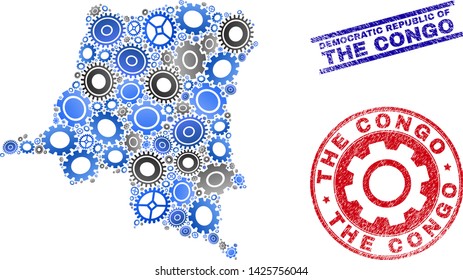 Service vector Democratic Republic of the Congo map mosaic and seals. Abstract Democratic Republic of the Congo map is done from gradient randomized gear wheels.