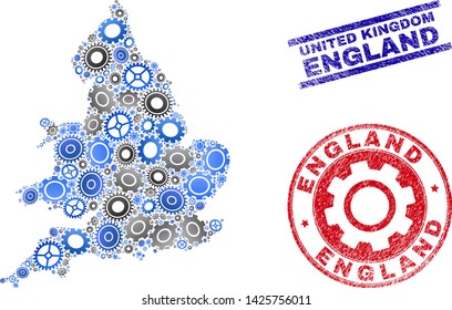 Service vector England map mosaic and stamps. Abstract England map is organized of gradiented scattered cogwheels. Engineering geographic scheme in gray and blue colors,