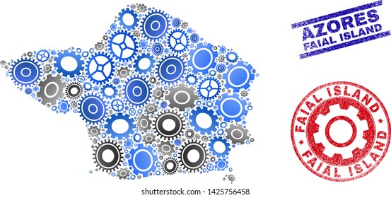Service vector Faial Island map collage and stamps. Abstract Faial Island map is constructed of gradient random gears. Engineering territorial plan in gray and blue colors,