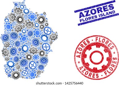 Service vector Flores Island of Azores map mosaic and seals. Abstract Flores Island of Azores map is created with gradiented scattered gearwheels. Engineering territory plan in gray and blue colors,