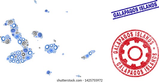 Service vector Galapagos Islands map collage and seals. Abstract Galapagos Islands map is composed with gradiented randomized gear wheels. Engineering territory scheme in gray and blue colors,