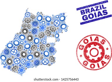 Service vector Goias State map mosaic and stamps. Abstract Goias State map is organized of gradiented randomized cogwheels. Engineering territorial plan in gray and blue colors,