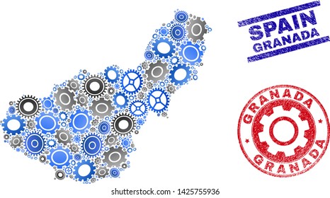 Service vector Granada Province map composition and stamps. Abstract Granada Province map is done with gradient scattered cogs. Engineering territorial plan in gray and blue colors,