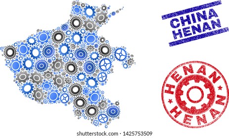 Service vector Henan Province map composition and seals. Abstract Henan Province map is constructed of gradiented random gears. Engineering territory plan in gray and blue colors,