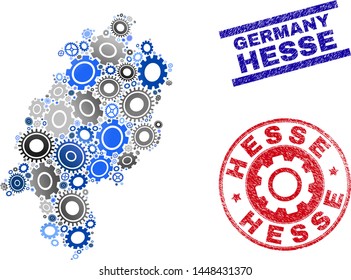 Service vector Hesse Land map collage and stamps. Abstract Hesse Land map is constructed with gradiented random gears. Engineering territory plan in gray and blue colors,
