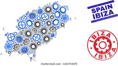 Service vector Ibiza Island map mosaic and stamps. Abstract Ibiza Island map is composed with gradient randomized cogwheels. Engineering geographic scheme in gray and blue colors,