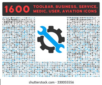 Service vector icon and 1600 other business, service tools, medical care, software toolbar, web interface pictograms. Style is bicolor flat symbols, blue and gray colors, rounded angles, white