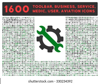 Service vector icon and 1600 other business, service tools, medical care, software toolbar, web interface pictograms. Style is bicolor flat symbols, green and gray colors, rounded angles, white