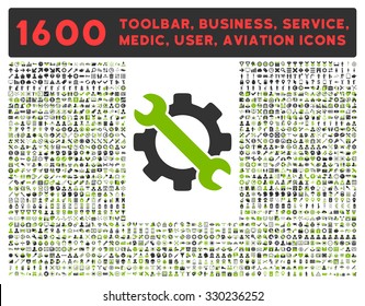 Service vector icon and 1600 other business, service tools, medical care, software toolbar, web interface pictograms. Style is bicolor flat symbols, eco green and gray colors, rounded angles, white