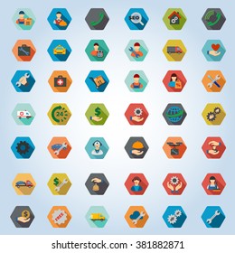 Service vector icon set. Style is flat hexagon buttons with long shadow.
