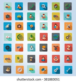 Service vector icon set. Style is flat rounded square buttons with long shadow.