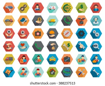 Service vector icon set. Style is flat hexagon buttons with long shadow.