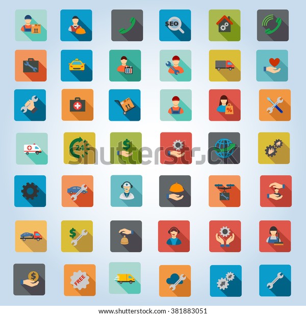 Service vector icon set. Style is flat rounded\
square buttons with long\
shadow.