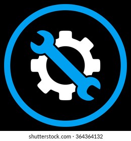 Service vector icon. Style is bicolor flat circled symbol, blue and white colors, rounded angles, black background.