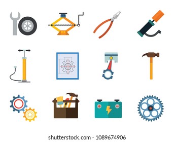 Service vector icons set. Thirteen flat icons of spanner, gear wheels, tire inflator and other instruments