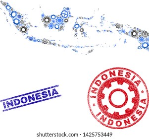 Service vector Indonesia map mosaic and seals. Abstract Indonesia map is formed with gradiented random gearwheels. Engineering territory scheme in gray and blue colors,