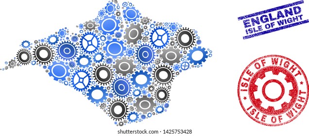 Service vector Isle of Wight map collage and stamps. Abstract Isle of Wight map is created with gradiented random gear wheels. Engineering territorial scheme in gray and blue colors,