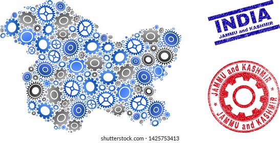 Service vector Jammu and Kashmir State map mosaic and stamps. Abstract Jammu and Kashmir State map is created of gradient scattered gears. Engineering geographic scheme in gray and blue colors,