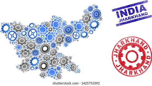 Service vector Jharkhand State map mosaic and seals. Abstract Jharkhand State map is organized from gradiented random cogwheels. Engineering territorial scheme in gray and blue colors,