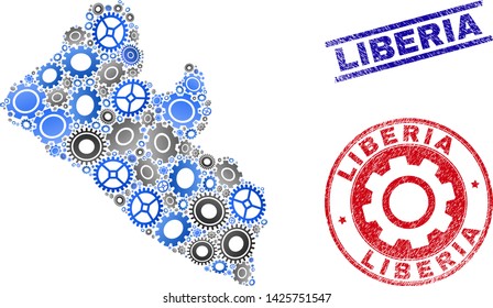 Service vector Liberia map composition and seals. Abstract Liberia map is designed of gradiented random gear wheels. Engineering territorial scheme in gray and blue colors,