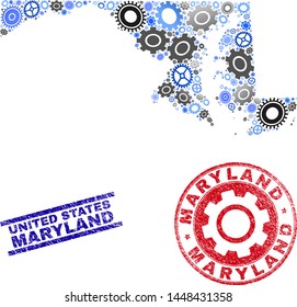 Service vector Maryland State map composition and seals. Abstract Maryland State map is created of gradient randomized gear wheels. Engineering territory scheme in gray and blue colors,