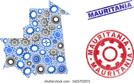 Service vector Mauritania map collage and seals. Abstract Mauritania map is organized of gradiented random cogs. Engineering territorial scheme in gray and blue colors,