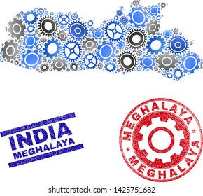 Service vector Meghalaya State map mosaic and seals. Abstract Meghalaya State map is designed with gradient randomized gears. Engineering territorial scheme in gray and blue colors,